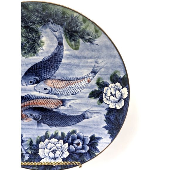 Vintage Japanese Sun Ceramics Blue White Koi Fish Porcelain Plate 12.5" Diameter - Picture 6 of 12